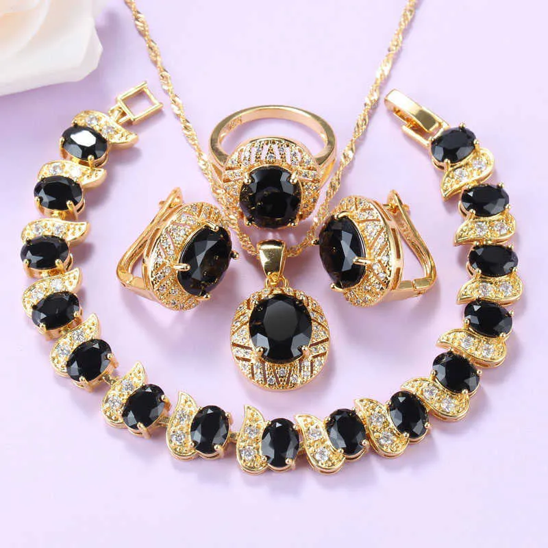 Casamento nupcial grande conjuntos de jóias de ouro colar africano conjuntos para mulheres preto zirconia cúbica charme pulseira e anel sets H1022