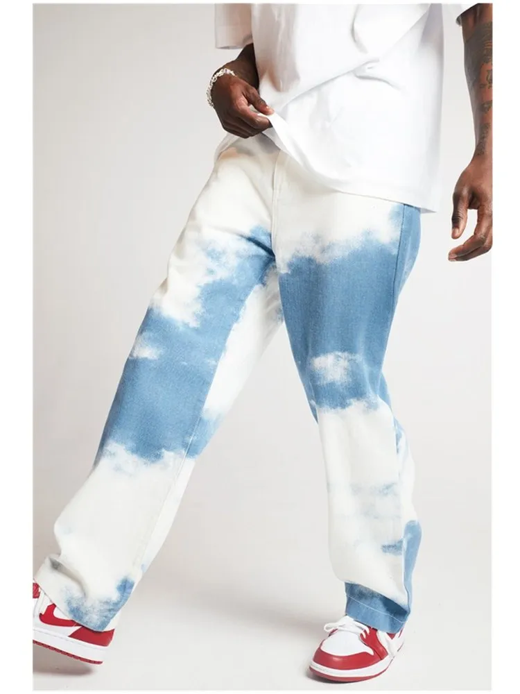 Casual Loose Print Straight Men Denim Pants Tie Dye Sky Blue Long Trouser High Waist Inelasticity Relaxed Wide Leg