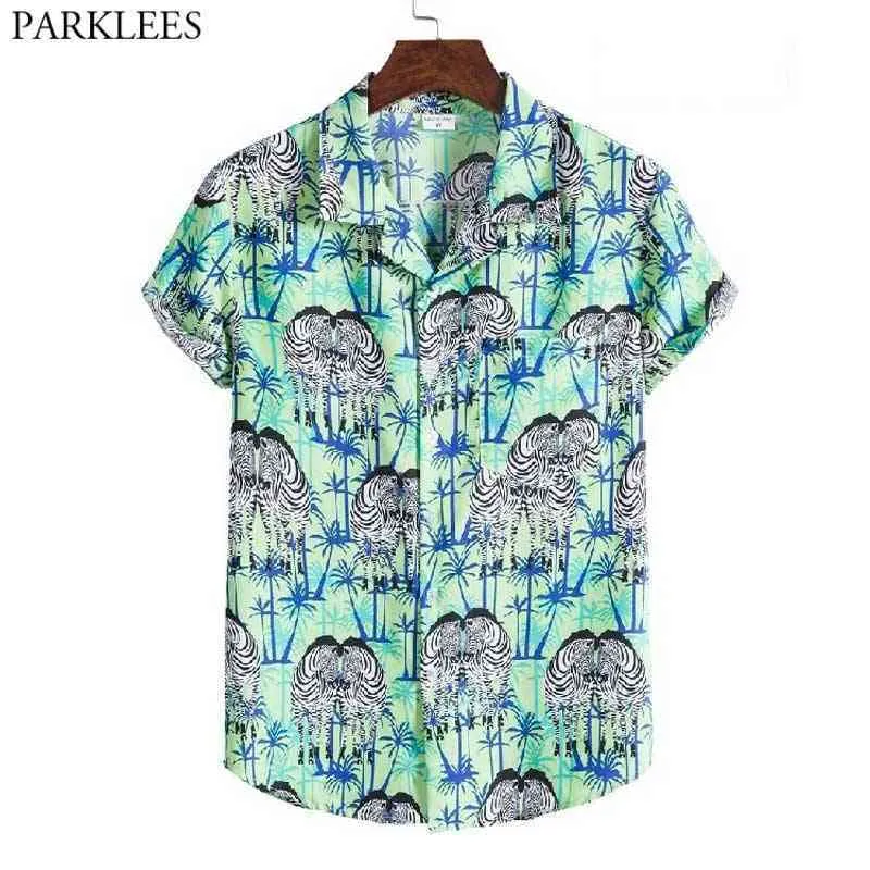 Stijlvolle Zebra Coconut Tree Print Hawaiian Shirt Mannen Korte Mouw Casual Beach Wear Shirts Mens Holiday Party Kleding Chemise 210522