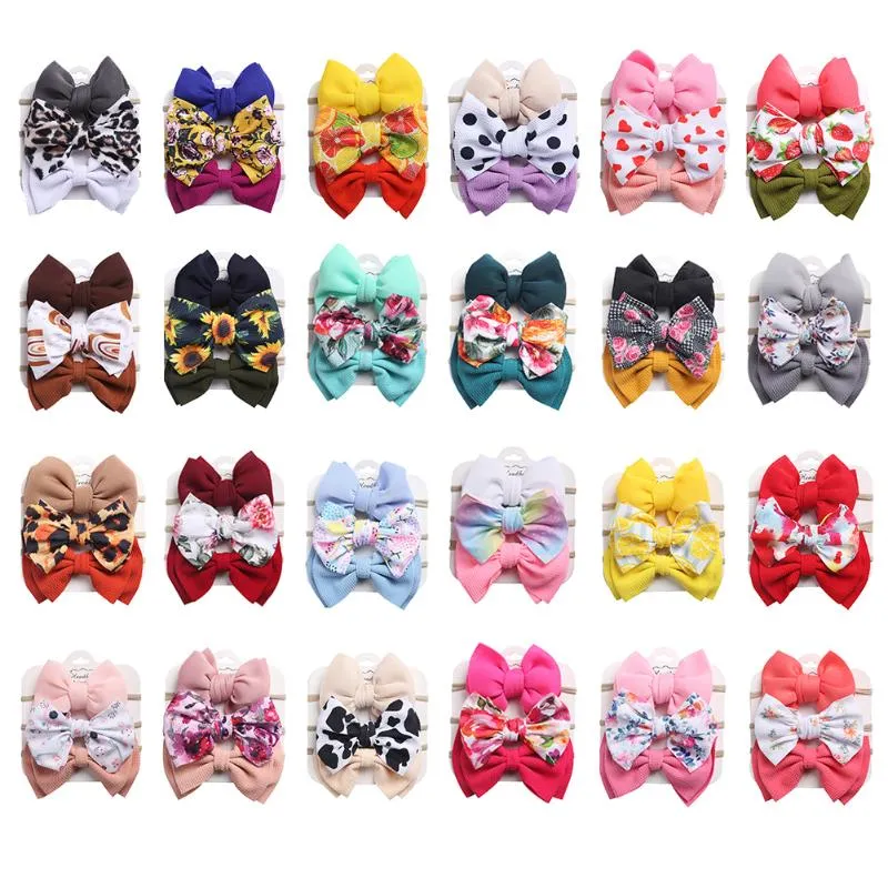 Hair Accessories 24Sets/Lot Puff Bow Knot Nylon Headband Elastic Sunflower Dot Rainbow Print Band Fashion Baby Girls Headwear