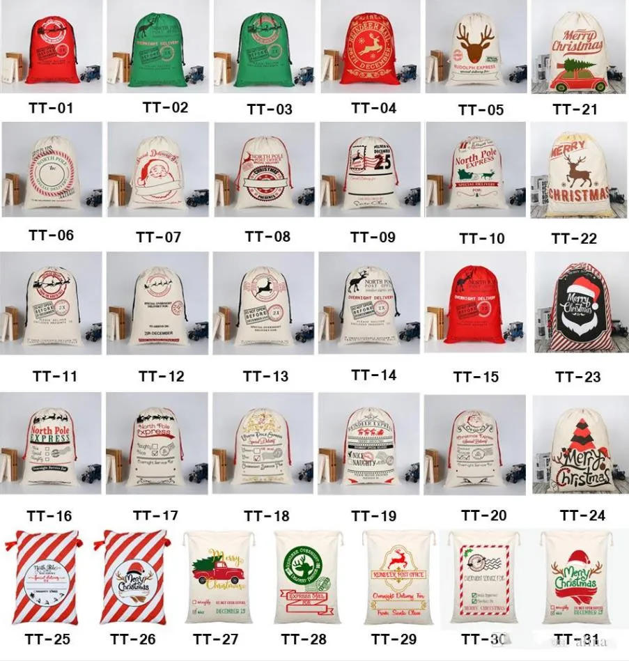 Vintage Linen Christmas Gift Bags 50*70cm Large linen Organic Heavy Canvas-bag Santa Sack Drawstring Bag With Reindeers