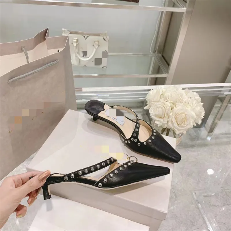 Designer sandals spring, summer and autumn women`s fashion top luxury low heel shoes leather sole rivets sexy party home outdoor convenience black white pink yellow