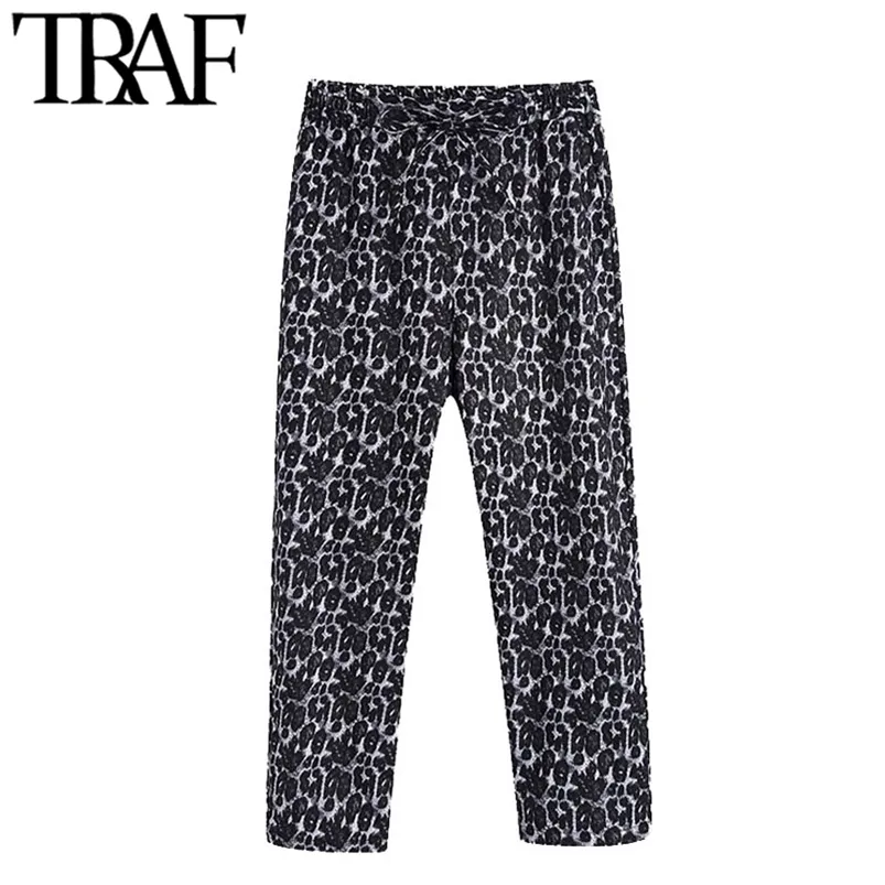 Women Fashion Leopard Print Side Pockets Pants Vintage High Elastic Waist Drawstrings Female Ankle Trousers Mujer 210507
