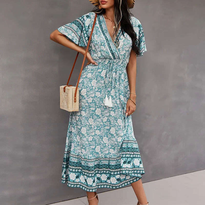 Women long viscose cotton dress summer V-neck short puff sleeve striped  casual mid-calf length from Dhgate Basic & Casual Dresses - price 48.38