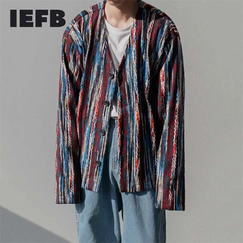 IEFB Men's Wear Knitted Cardigan Sweater Jacket Man's Korean Fashion Spring And Autumn V Collar Single Breasted Long Sleeve Tops 211006