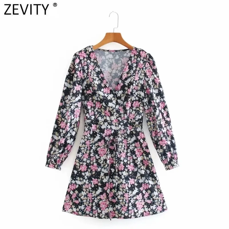 Women Vintage V Neck Floral Print Lace Up A Line Dress Femme Chic Puff Sleeve Party Vestido Casual Clothing DS4925 210416