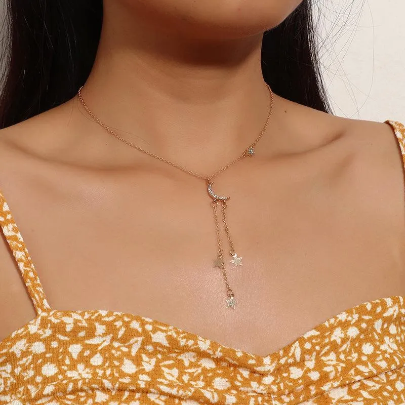 Подвесные ожерелья Fashion Star Star Moon Tassel Ожерелье Очаровательное золото длинные цепные аксессуары для женщин Элегантные свадебные ювелирные украшения