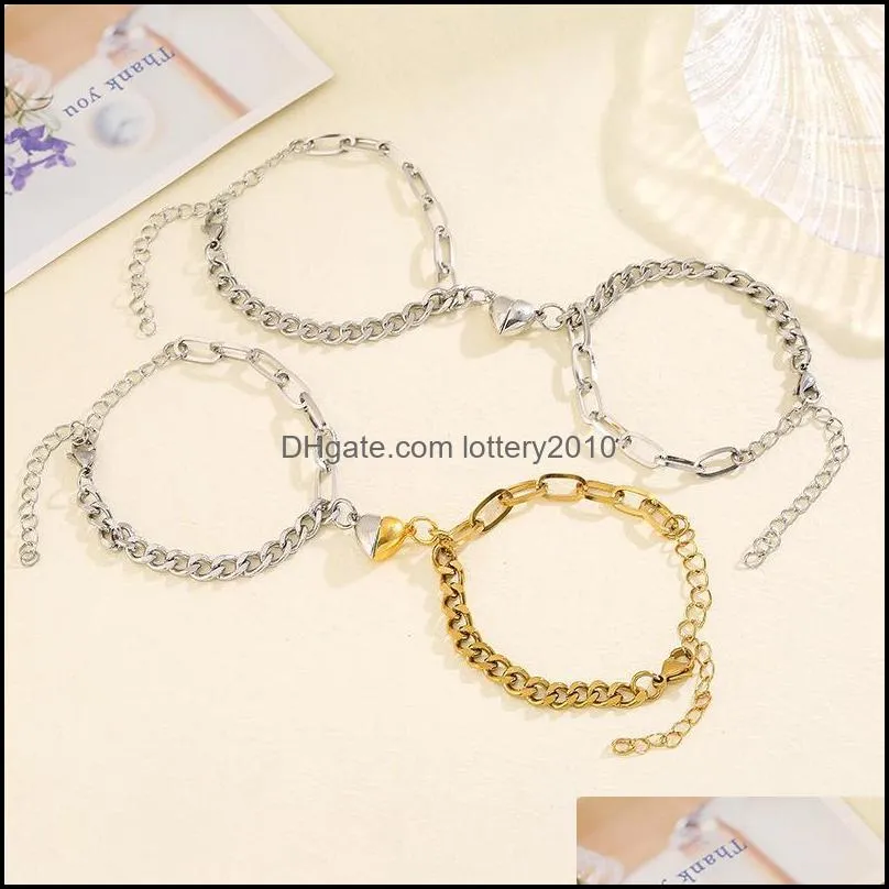 Link, Chain 2pcs/Set Stainless Steel Heart Bracelet Gold Silver Color Two-piece Couple Lock For Women Girls Valentine`s Day Gift