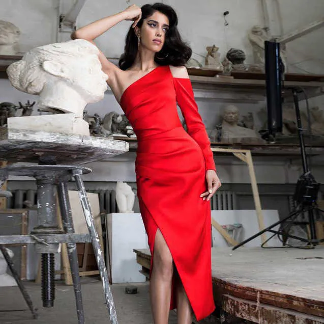 Arrivée Femmes Sexy Designer À Manches Longues Une Épaule Rouge Robe Moulante Dames Élégante Fête De Bal Robe 210527