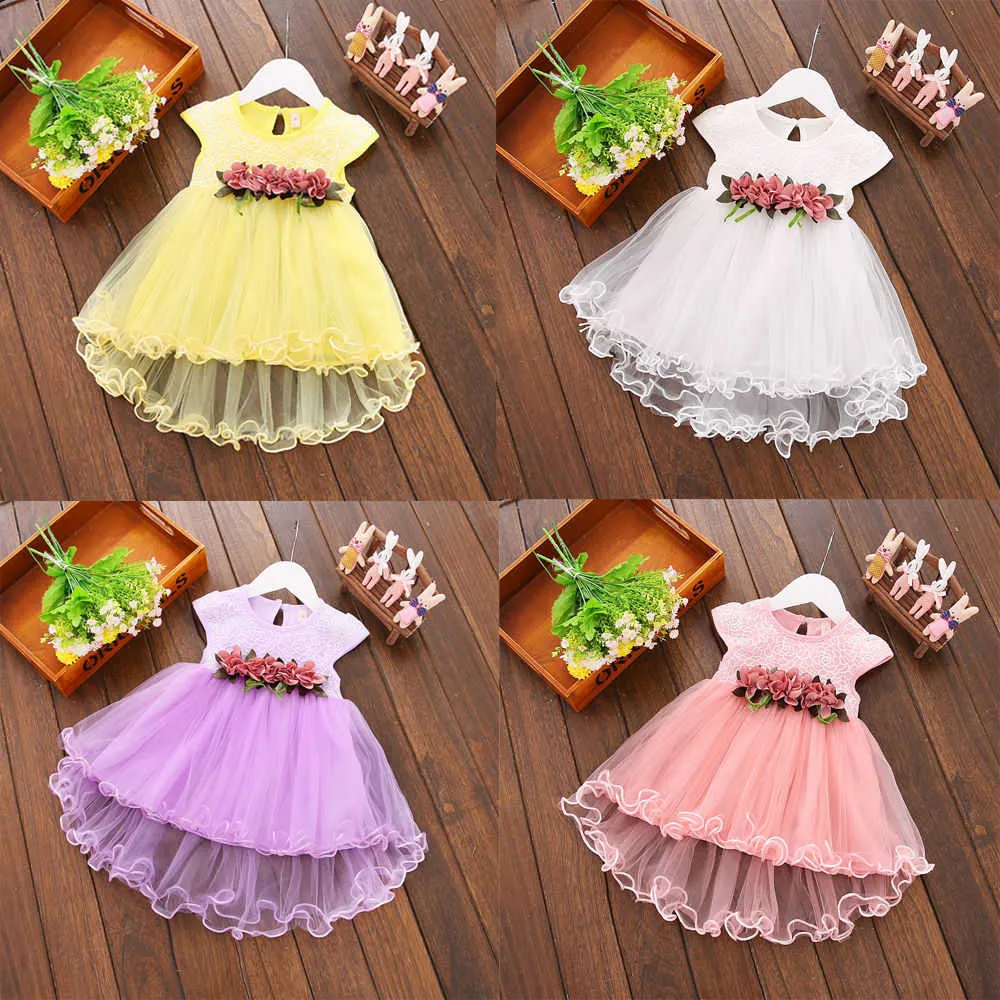 VS Stock Peuter Baby Meisjes Zomer Korte Mouw Bloem Jurk Prinses Party Bruiloft Tulle Jurken Meisjes Kleding 0-3Y Q0716