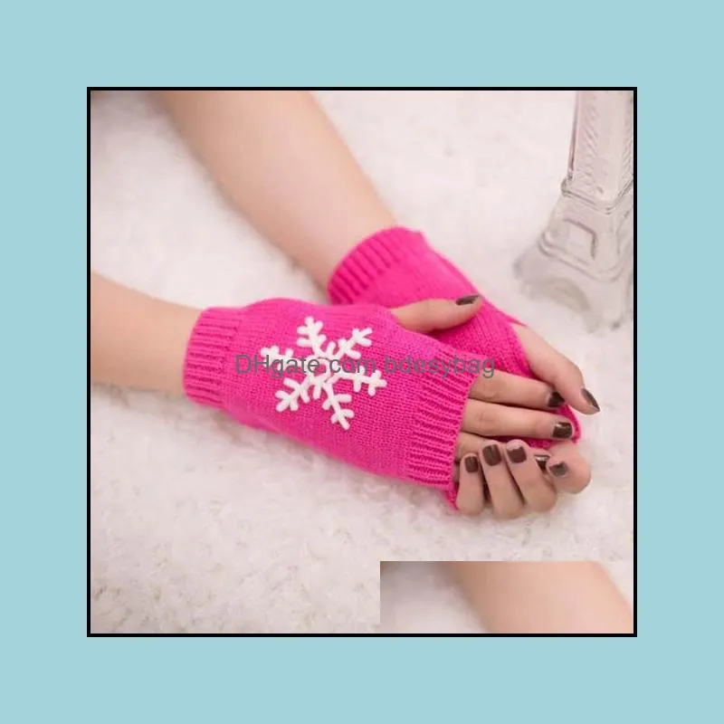 Women Stylish Snowflake Print Hand Warmer Winter Gloves Arm Crochet Knitting Faux Wool Mitten Warm Fingerless Glove