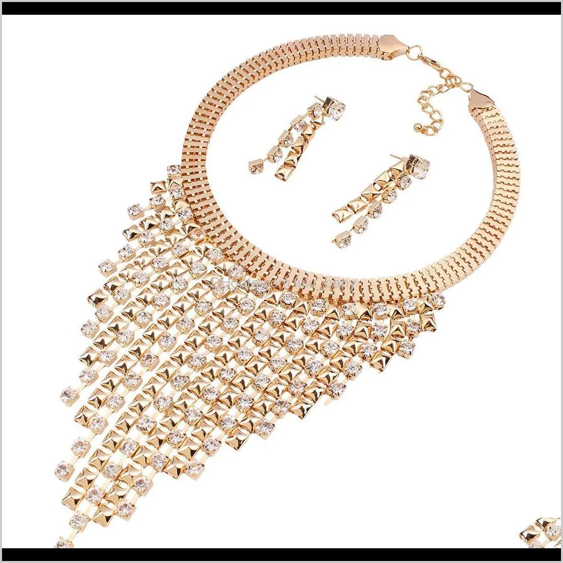 n3589 new street photo same creative fashion multi-layer tassel inlaid diamond necklace earring collar jewelry