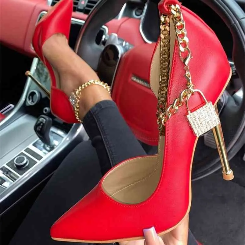 Women's Wedding Shoes Sexy Pointed Toe Gold Chain With Lock Decoration High Heels Pumps Black Red Nube Woman 35-42 210709