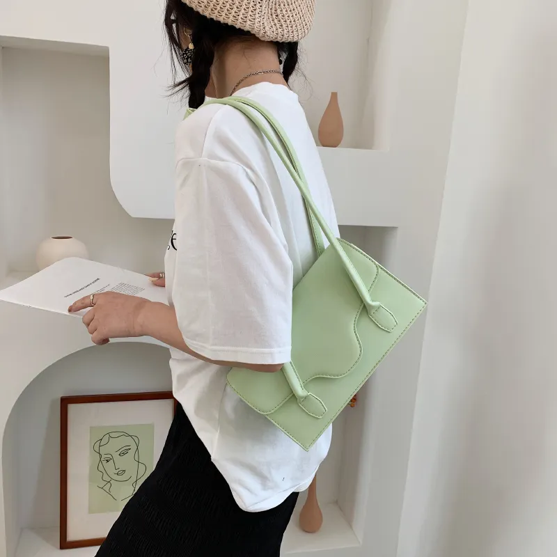 Design Simple PU Leather Shoulder Underarm Bag For Women 2021 Summer Green Yellow Cute Handbags And Purses