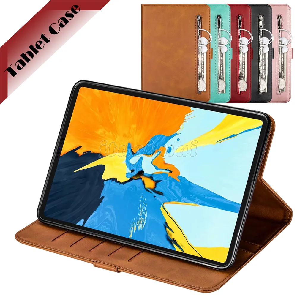 Zipper Wallet Tablet Cases for iPad 10.2 [7th/8th Gen] Mini 5/4 Air 3/2/1 Pro 11/10.5/9.7 inch, Calfskin Texture PU Leather Flip Stand Cover Case with Coin Purse and Card Slots