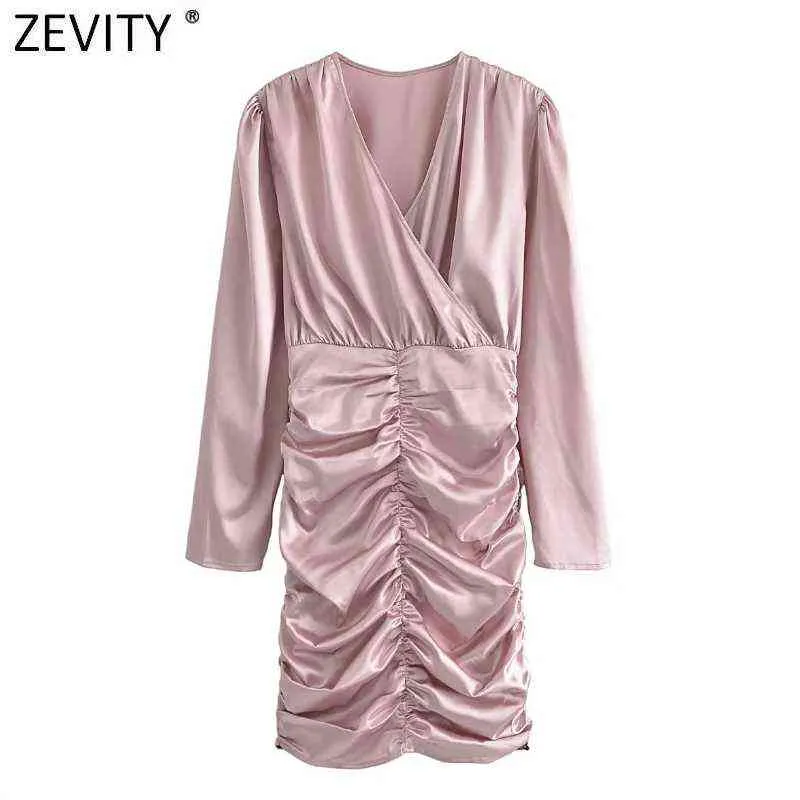 Zevenity Nieuwe Vrouwen Sweet Cross V-hals Roze Kleur Slanke Geplooide Mini Jurk Vrouwelijke Chic Lange Mouw Satijn Merk Party Vestidos DS9061 Y1204