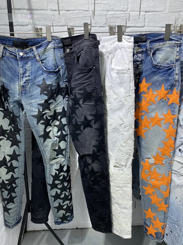 22SS Luxurys Designer Jeans för män Mode Jeans med smala ben Femstjärniga Biker Byxor Distressed Water Diamond Stripes Jeansbyxor Toppkvalitet Storlek 29-40