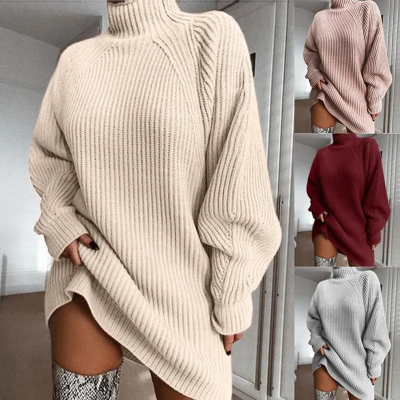 Turtleneck Long Sleeve Sweater Dress Women Autumn Winter Loose Tunic Knitted Casual Pink Gray Clothes Solid Dresses 210522