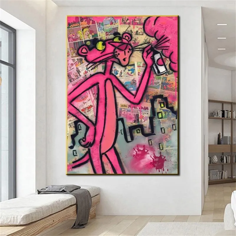 그림 낙서 핑크 팬더 캔버스 회화 다채로운 포스터 및 인쇄 거리 벽 예술 그림 거실 침실 홈 장식