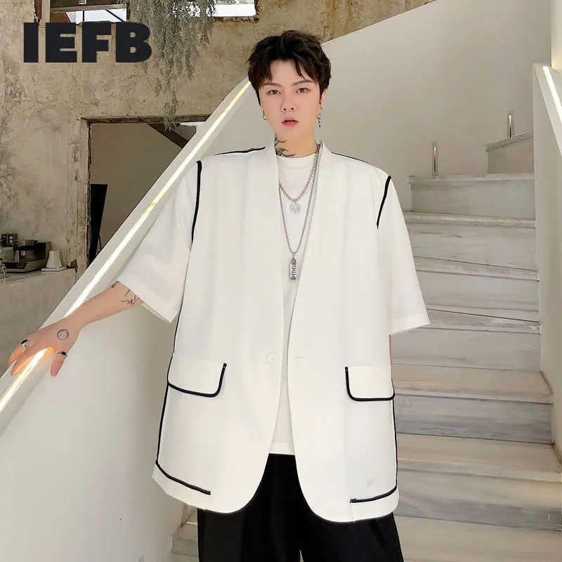 IEFB Summer Men's Short Sleeve Suit Jackets With Different Color Edge Single Botton Oversized Blazer Black White Suits 210524