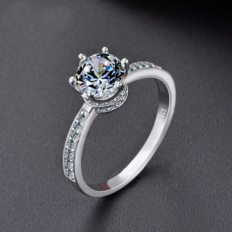 Мода Classic Ring Simple 6 Prong Simulated Diamond Обручальное кольцо для женщин 14K Белое позолоченное Стерлинговое серебро 925