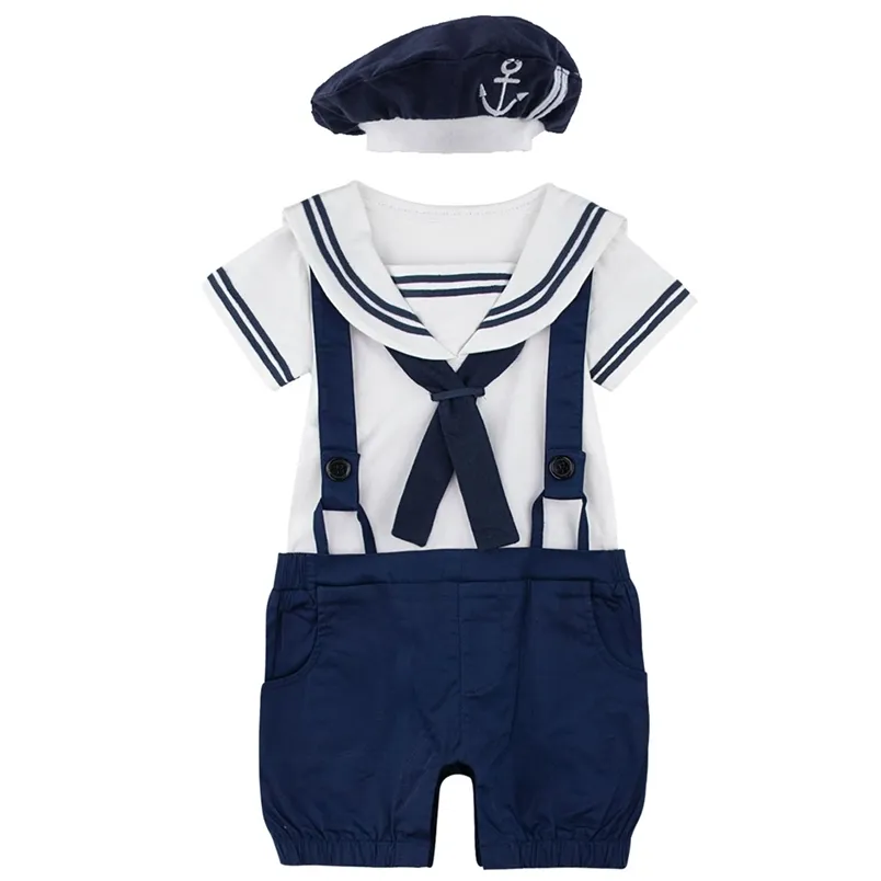 Urodzony Baby Boys Girl Sailor Granatowy Styl Romper Toddler Halloween 100% Bawełna Suspender Kombinezon Niemowlak Kryzyska Z Kapelusz Playsuit 210816
