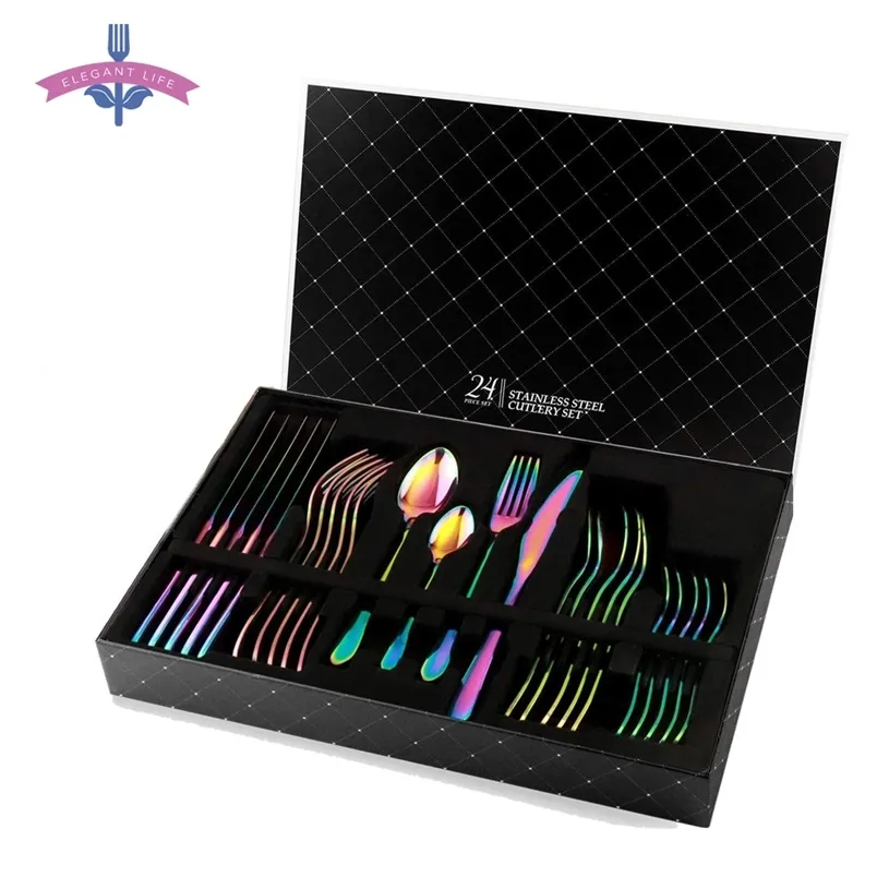 24 PCS Rainbow Vaisselle Non-fading Couverts Ensemble Couverts Vaisselle En Acier Inoxydable Coloré el Party Cuisine Coffret Cadeau 211228