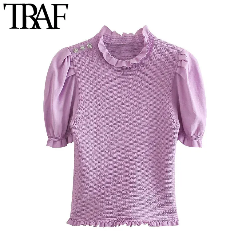 TRAF Women Fashion With Buttons Smocked Elastic Cropped Knitted Sweater Puff Sleeve Ruffled Female Pullovers Chic Tops 210415