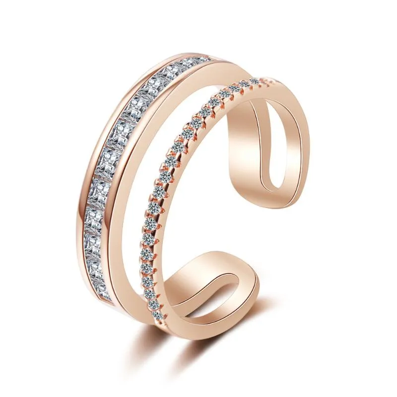 Cluster Rings Double Ring Cut Face Trendy Mosaic CZ Crystal Rose Gold Wedding Jewelry For Women Girls