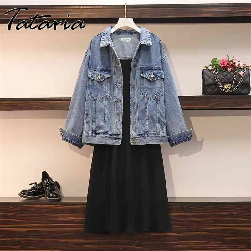 Femmes Denim Veste Patchwork avec Appliques Printemps Plus La Taille 2pcs Sling Robe Manteaux Petit Ami Femme Streetwear Jeans 210514