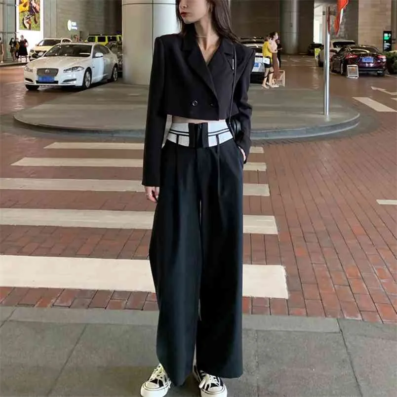 Koreanska Casual Höst Kvinnor Blazers Set Ol Crop Top och Hit Färg Patchwork Byxor Passar Kvinna Streetwear 2 Pieces Set 210514