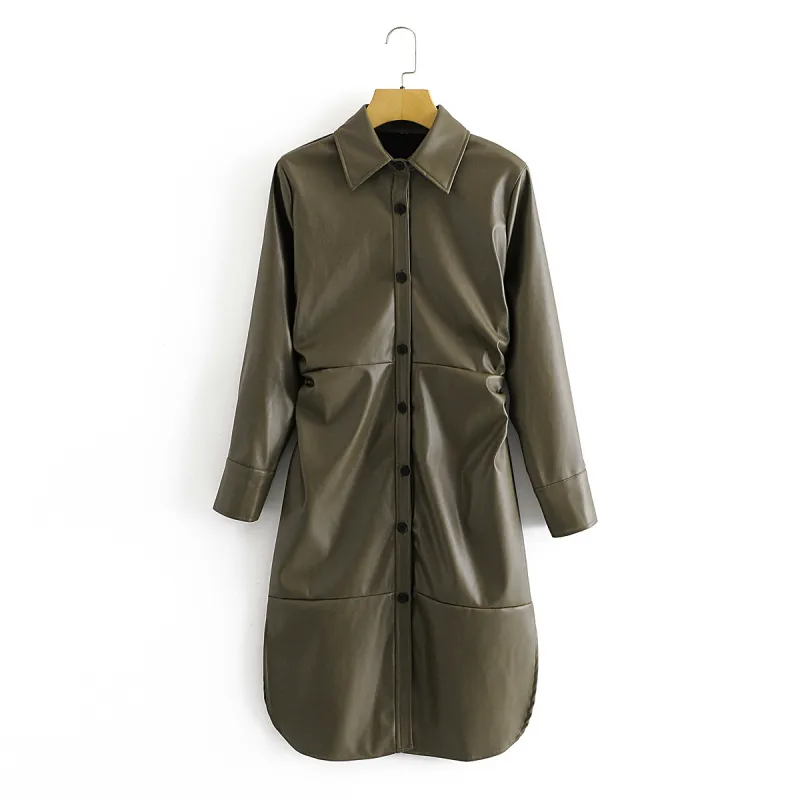 Vinatge Woman Dark Green Slim Leather Shirt Dress Autumn Winter Fashion Ladies Soft PU es Female Casual Draped 210515