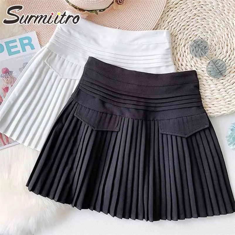 Mode été Mini jupe plissée femmes Style coréen noir blanc esthétique taille haute femme pour adolescents 210421