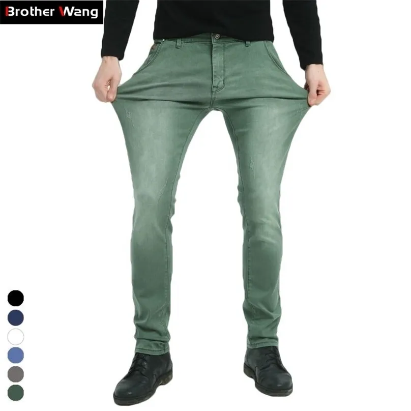 Jeans elastici da uomo di marca Brother Wang Pantaloni casual skinny sottili alla moda Pantaloni Jean Maschio Verde Nero Blu 211111