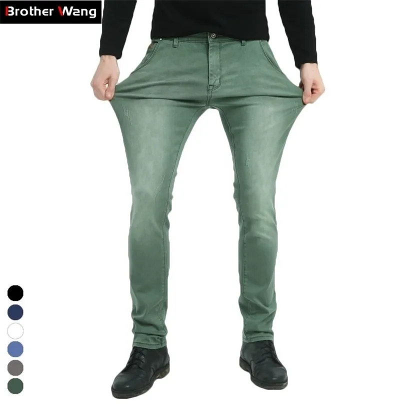 Brother Wang Brand Men's Elastic Jeans Fashion Slim Skinny Casual Pants Trousers Jean Male Green Black Blue 211111