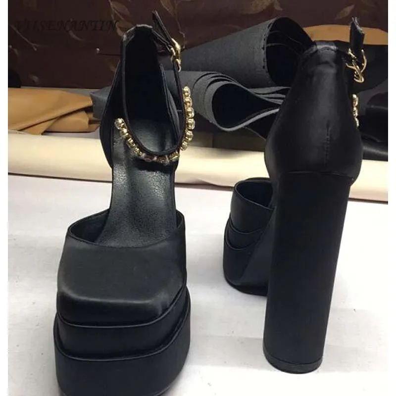 Dress Shoes Fashion Waterproof Platform Square Head Hollow Foot Nude Rhinestone Chain Solid Color Baotou Satin High-heel Catwalk Sandals