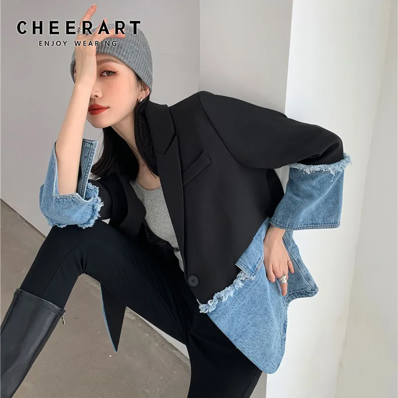 Пэчворк Джинсовая куртка Женщины Blazer Coat Blue Splice Черные Куртки Весна Осень Осень Мода Уличная одежда 210427