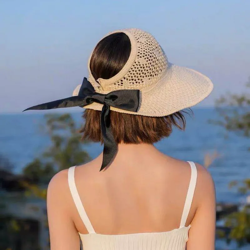 Women Foldable Cotton Crochet Beach Wide Brim Sun Visor Poneytail Hats With Bow Adjustable Floppy Hat