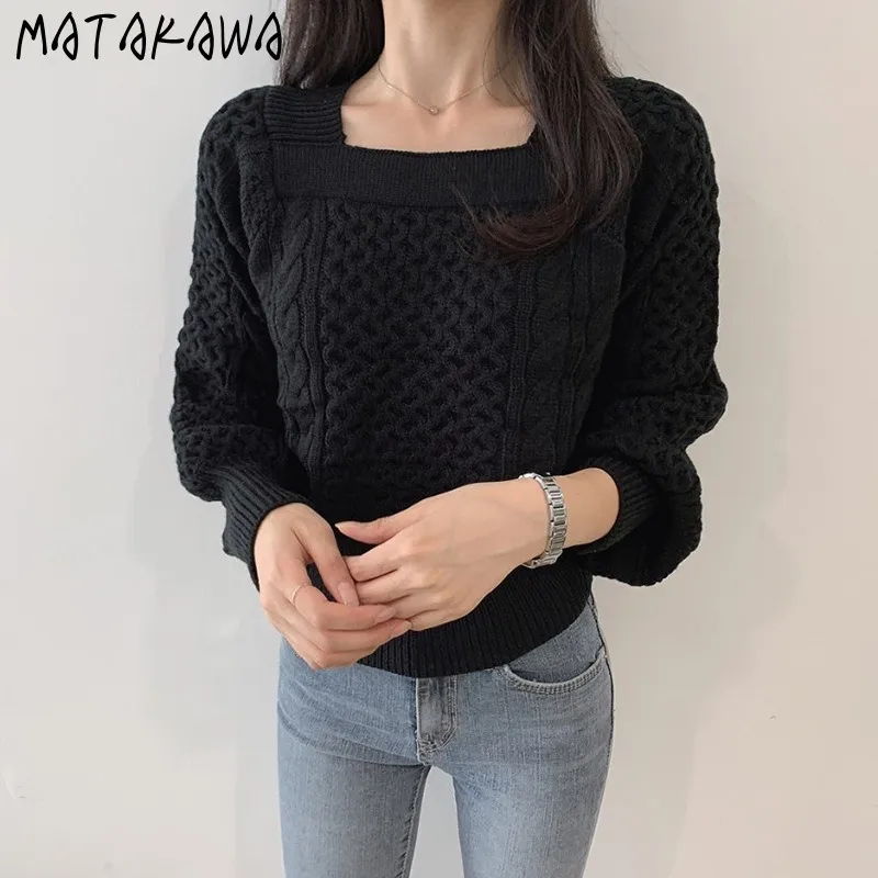 Matakawa Moda Casual Kwadratowy Szyi Twist Sweter damski Sweter Luźne Zewnętrzne Nosić Dzianiny Downing Top 210513