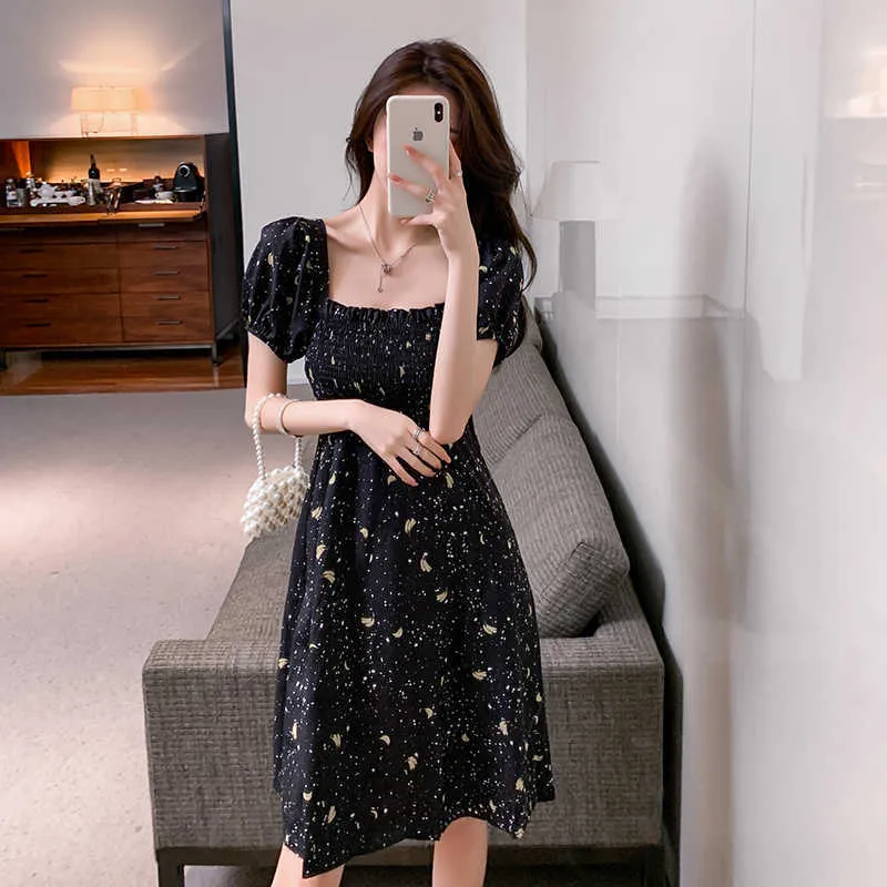 Women Dress Korean Fashion Clothes Vintage Square Collar Lace Up Backless Vestidos Slim Fit Print Mini Dresses 210529