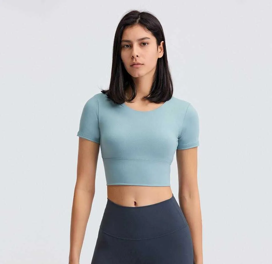 L-016 Crop top women yoga outfits shirts padded bra Tops short sleeve solid color soft high quality gym sports wear