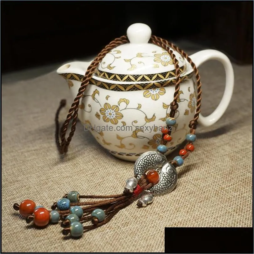 Pendant Necklaces & Fashion Ethnic Jewelry Ceramic Tibetan Sier Double Fish Vintage , Women Sweater Necklace Pendants Drop Delivery 2021 Rov