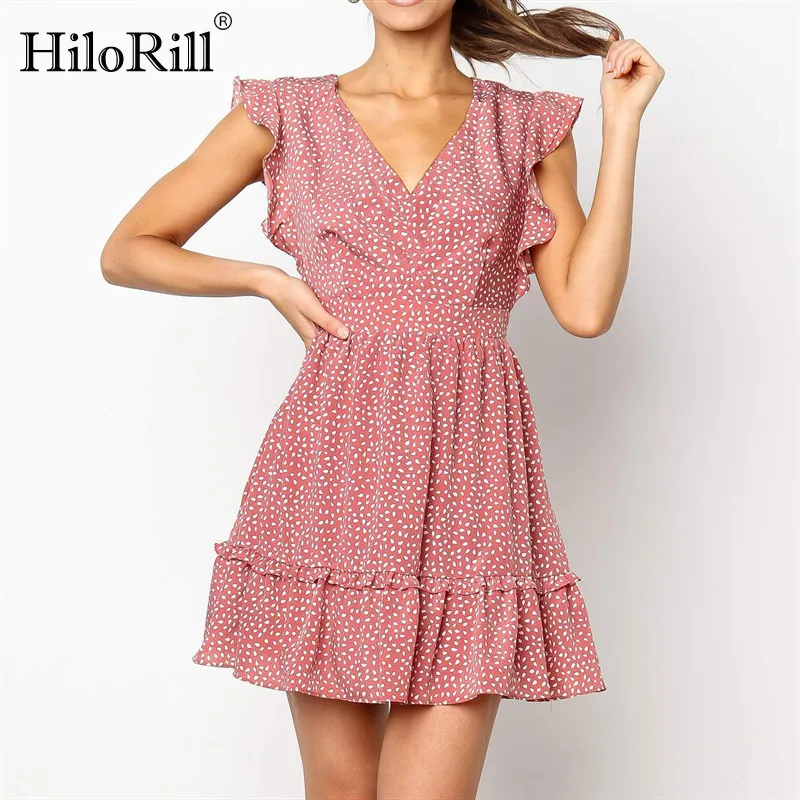 Casual Summer Dress Femmes Boho Dot Print Tunique Plage Sexy Col En V Volants A-Line Sans Manches Mini Party 210508