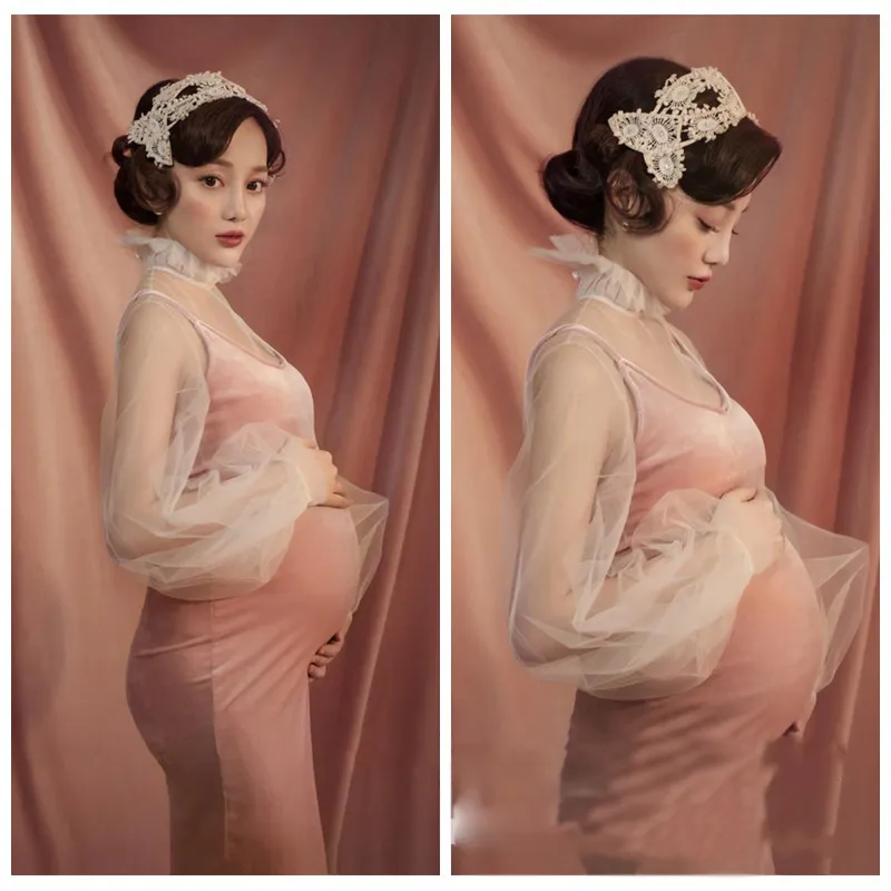 النساء الحمل التصوير الدعائم ثوب للصور تبادل لاطلاق النار الوردي أنيقة طويلة الأكمام اللباس الأمومة للاستحمام الطفل