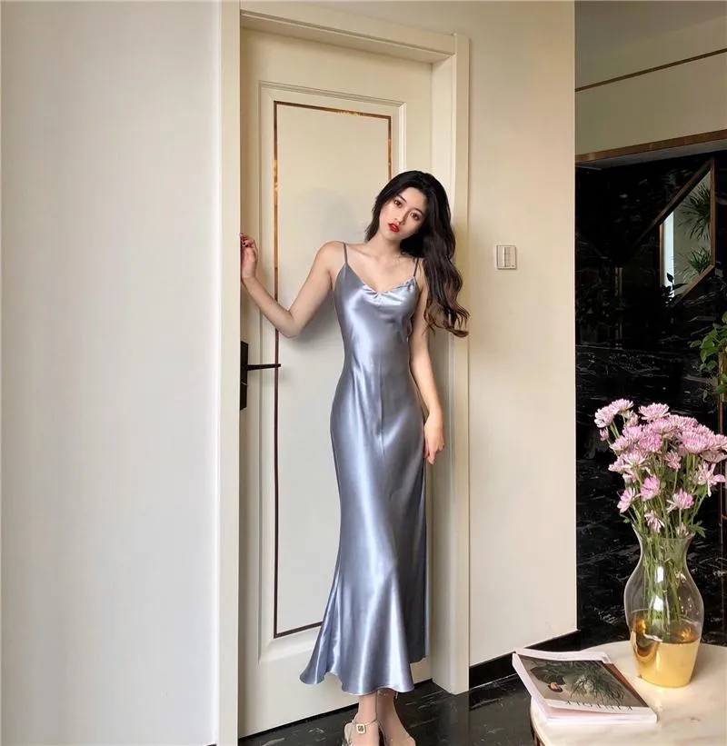 Sexy V Neck Fishtail Slip Satin Dress Thin Straps Tank Casual Long Slim Camisole Lady Beach Cami Female Dresses