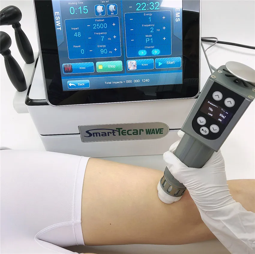 Bärbar phyacial skönhetsutrustning Tecar DiaTheramy Therapy för Plantar Fasciit smärtlindring Shockwave Mahcine för att behandla ED-behandling
