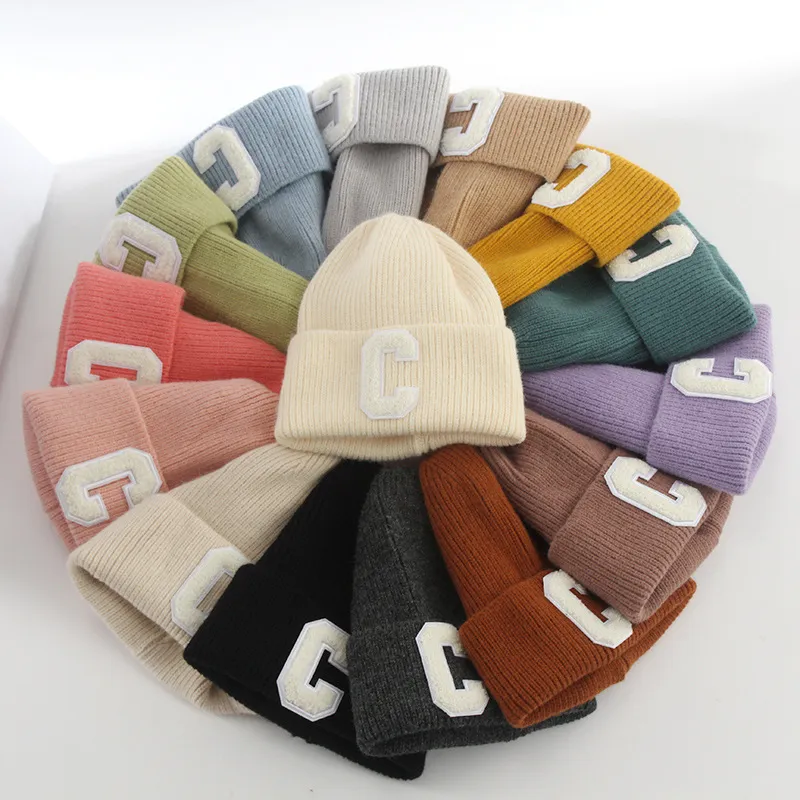 Wool Caps Female Autumn and Winter Warm Printed Letter Pullover Hat Learning Department Solid Color Knitted Hat