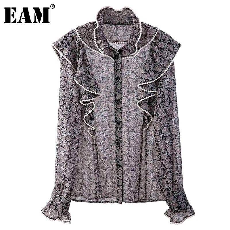 [EAM] Dames Zwart Gedrukte Ruches Dunne Blouse Stand Kraag Lange Mouw Losse Fit Shirt Mode Lente Herfst 1DD6920 21512