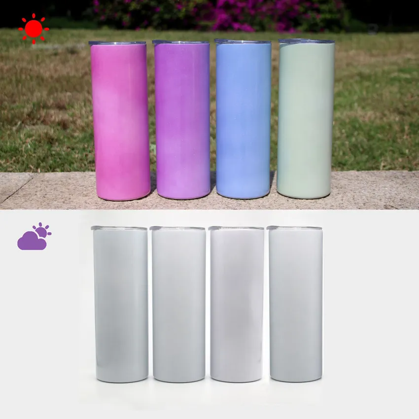 UV Color Changing Tumbler 20oz Straight Sublimation Tumbler Sun Light Sensing Stainless Steel Straight Skinny Tumbler With Lid LLA912