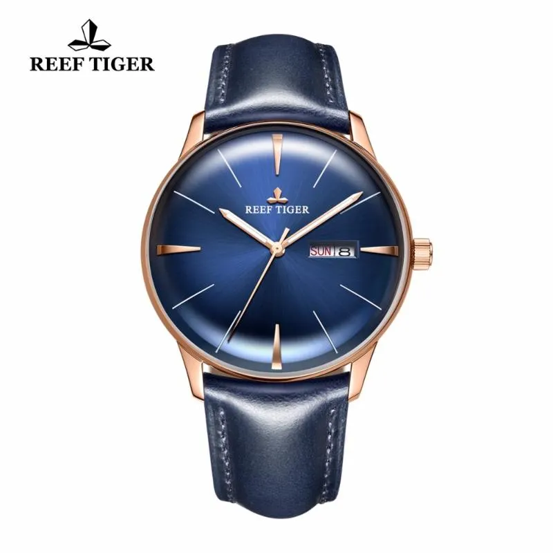 REEF TIGER / RT Luxus Kleid Uhren Blaue Zifferblatt Leder Marke Convex Objektiv Glas Automatik Für Männer RGA8238 Armbanduhren